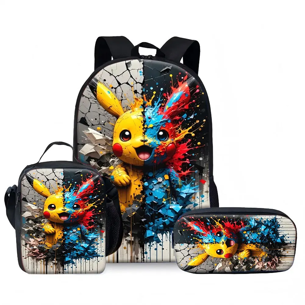 Kids Bag,Pokémon,Pikachu Cracked 3D Graffiti 3pcs Backpack Set Canvas Rucksack Lunchbox Pencilcase for Kids