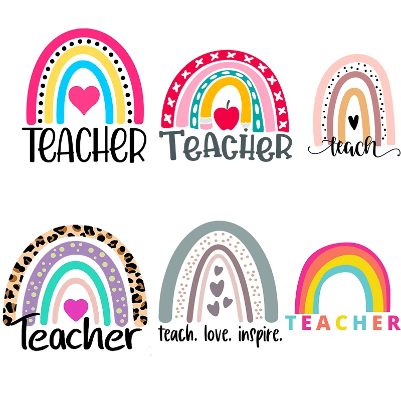 Iron on Rainbow Teacher Patches Set for Clothes Canvas Bag DIY T-shirt Applique Vinyl Heat Transfer Tops Sticker Thermal Press