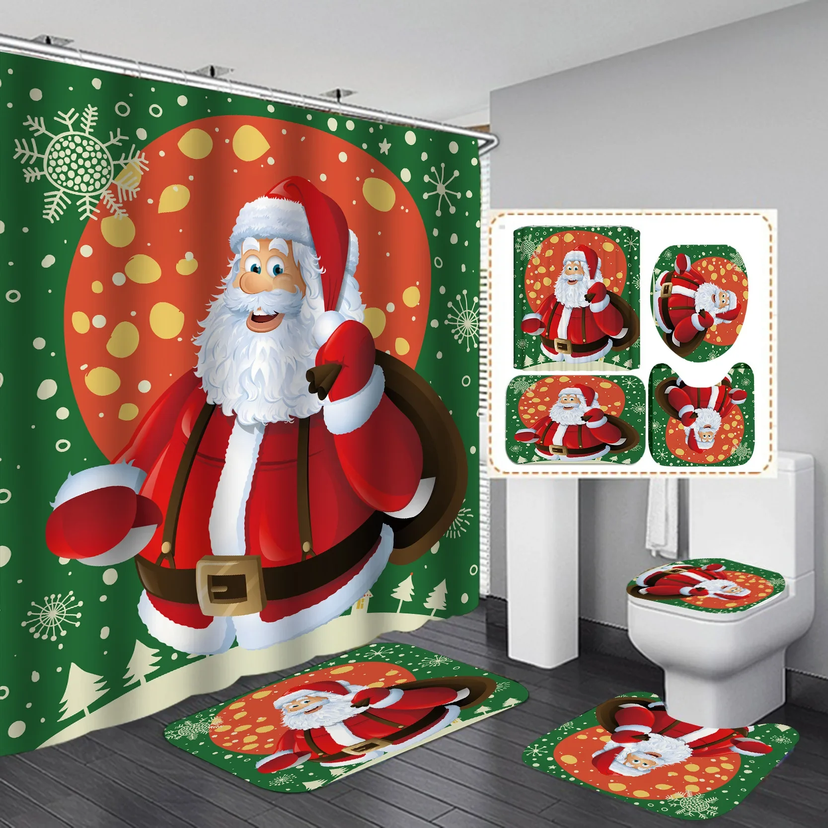 Christmas Shower Curtain Set Santa Snowman Reindeer Xmas Print Waterproof Bath Curtain 3/4pcs Bathroom Holiday Decor