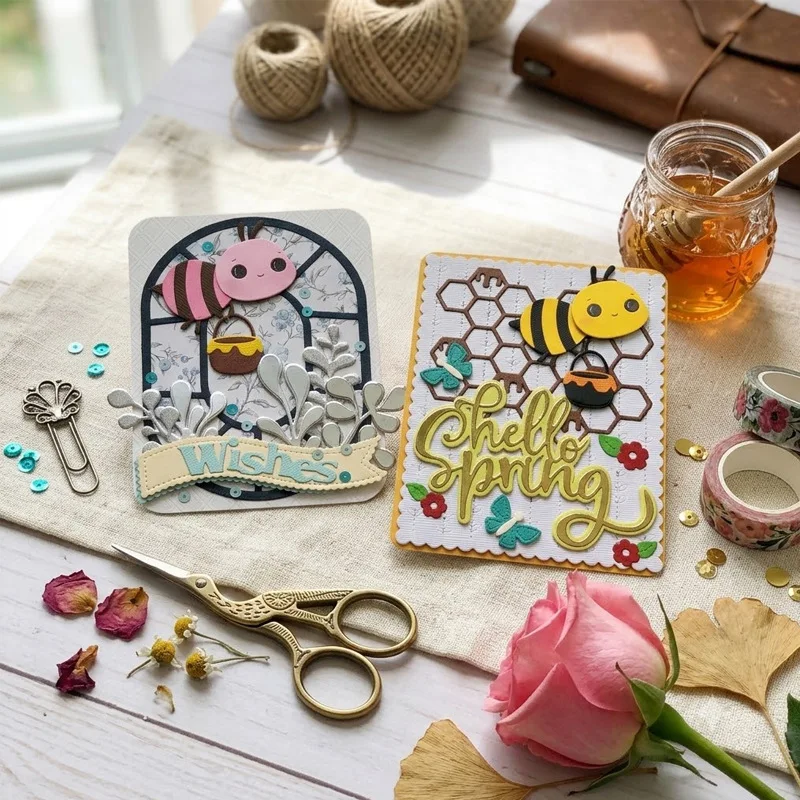 Bee Honeycomb Floral Frame Phrase Border Metal Cutting Dies DIY Scrapbooking Spring Cardmaking Paper Embossing Craft Template