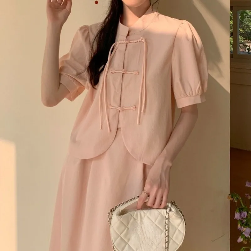 Neploe New Chinese Style Stand Collar Tassel Shirts Women+ High Waist Loose Mid-length Skirts 2024 Summer New Two Piece Sets