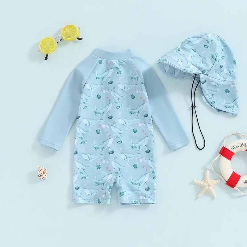 Tregren Newborn Infant Baby Boy Swimwear Set Whale Print Long Sleeve Rash Guard Swimsuit Sun Hat Toddler Bathing Suit Outfit