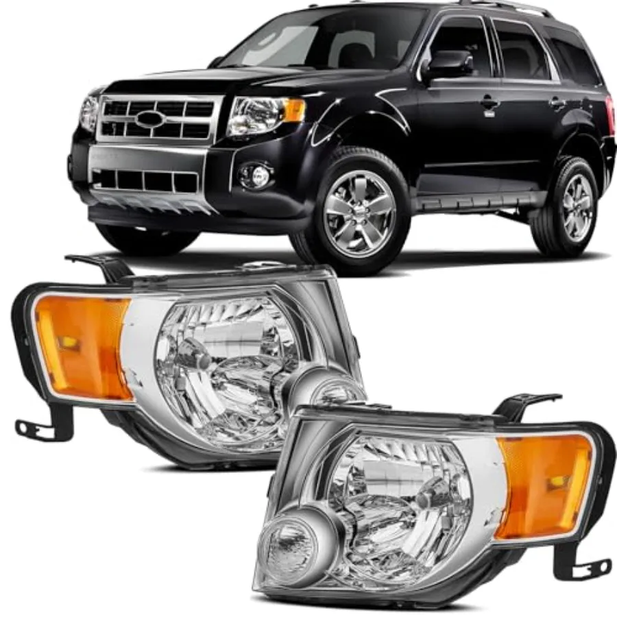 ชุดไฟหน้าพร้อมกรอบโครเมียมและแผ่นสะท้อนแสงสีเหลืองอำพันสำหรับรถ Escape ปี 2008-2012 ดีไซน์เลนส์ใส เพิ่มการมองเห็นและโหมดการใช้งาน