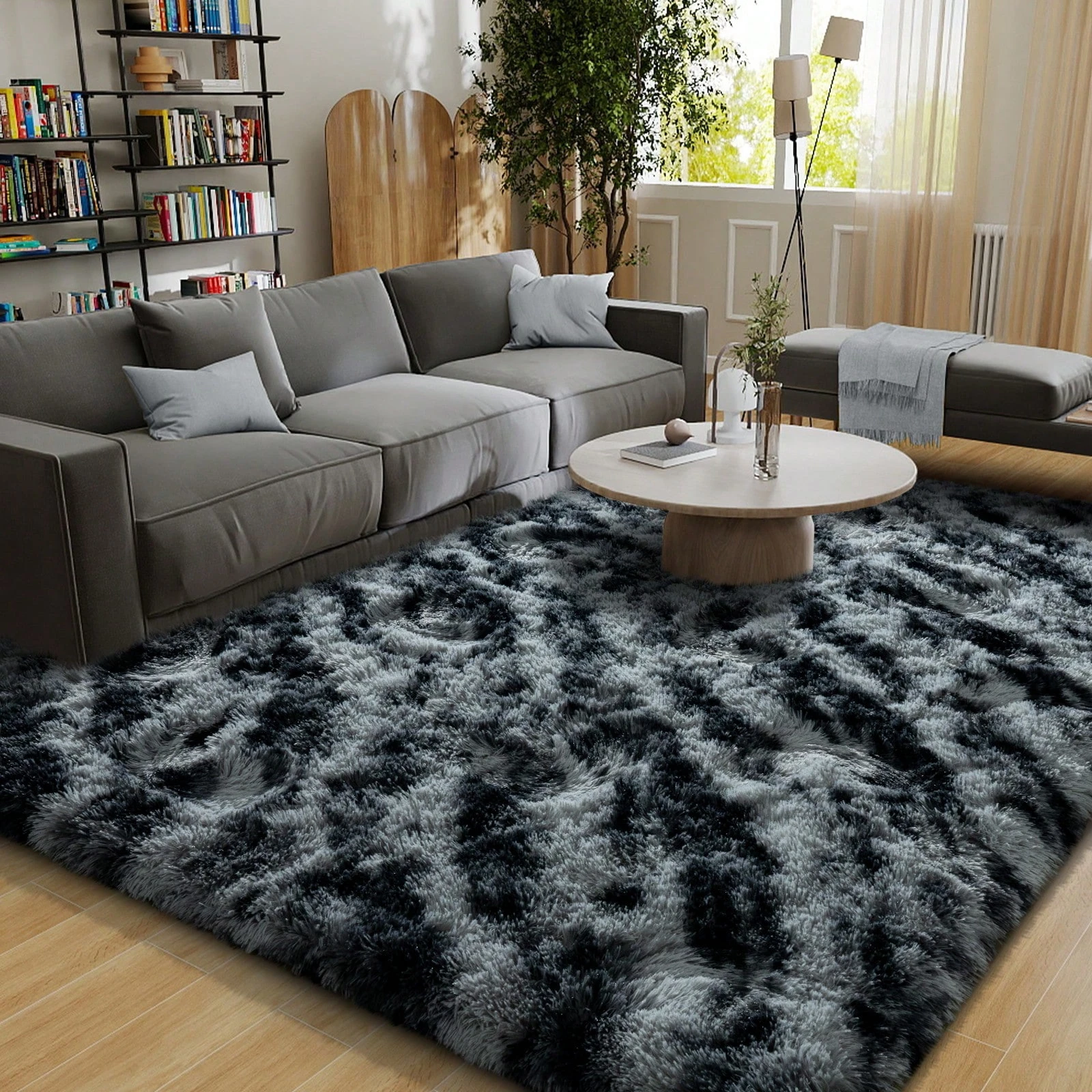 

Gnizama Fluffy Plush Striped Black and Gray Bedroom Rug, Washable Large Living Room Rug, Super Soft Indoor Plush Rug.