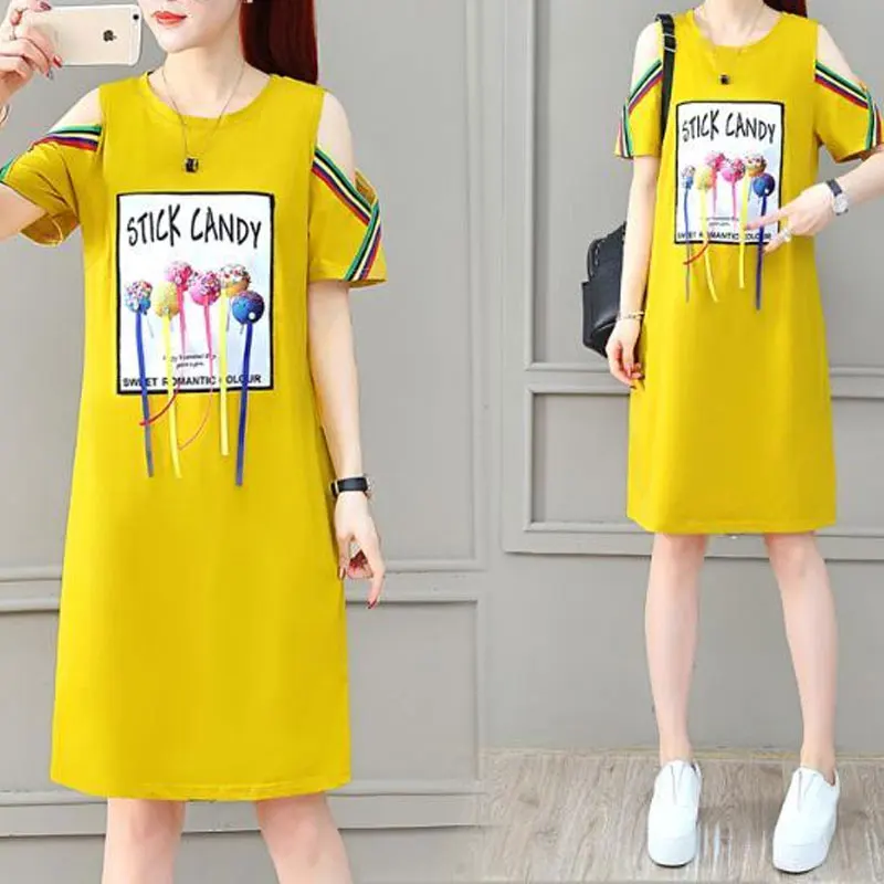 

Korean Off Shoulder Stylish Spliced Midi Dress Summer O-Neck Women's Clothing Casual Loose Short Sleeve Chic Drawstring Dresses