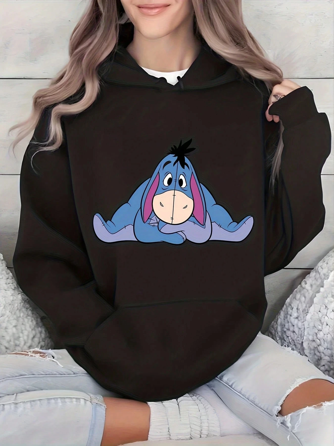 

Женская толстовка Disney с изображением Эйора и грустным выражением лица, осенне-зимняя флисовая толстовка с капюшоном для повседневной носки на открытом воздухе, для любого случая