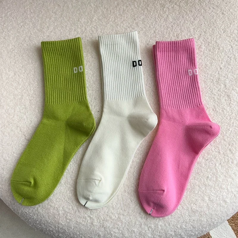 3Pairs Set Women's Pink Mid-Tube Long Socks Cotton Bottomed Letter Print Sports Stockings for Spring Autumn Wear