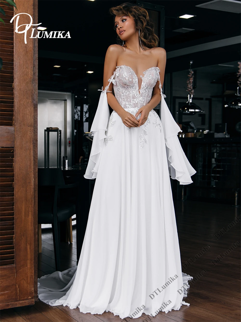 

DTLumika Women's Bohemian Bride Dress with Off the Shoulder Flare Sleeves, Lace Long Chiffon Wedding Gowns, Customized Bridal