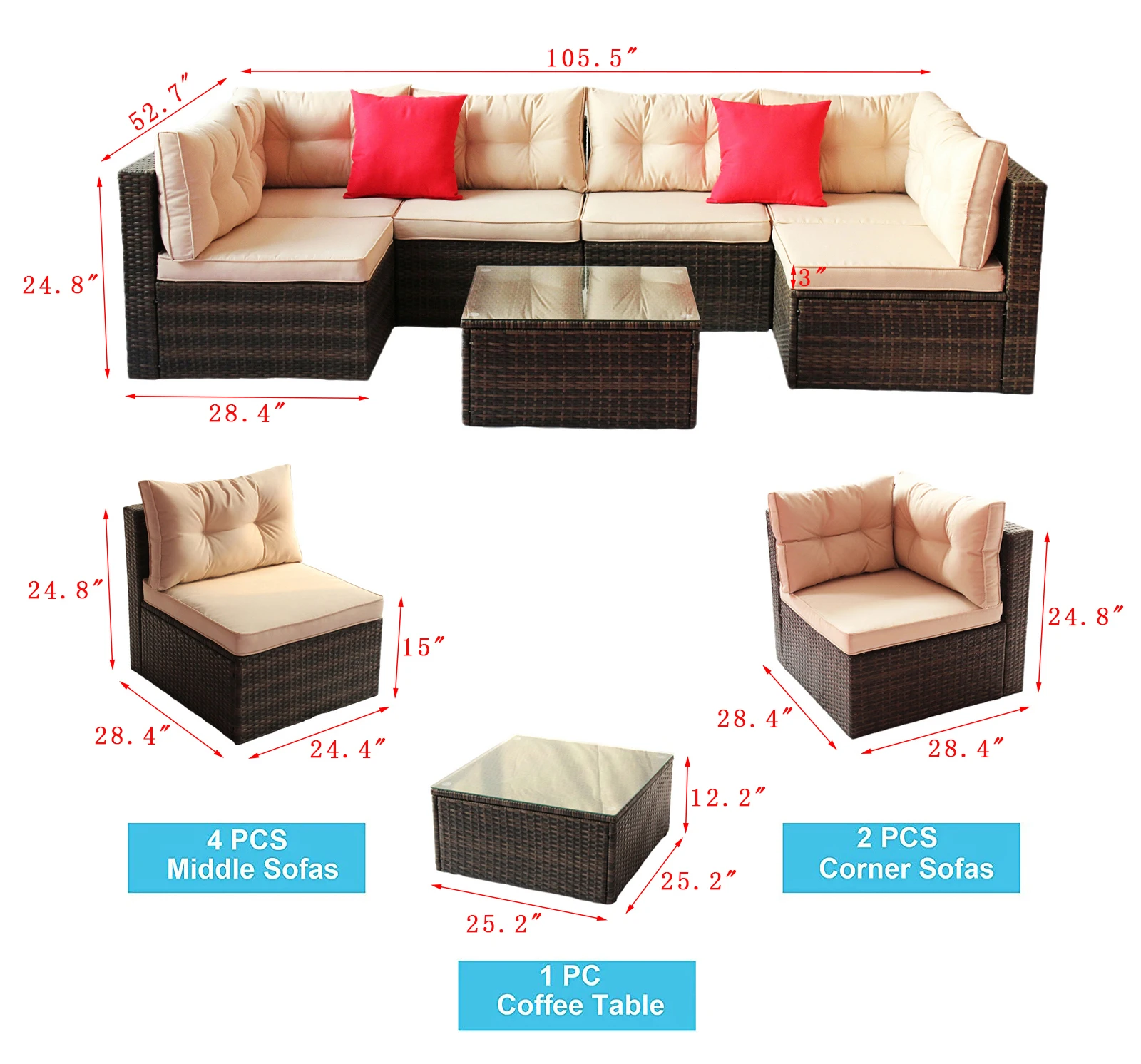 7 Pieces Patio Furniture Set PE Rattan Sectional Garden Furniture Corner Sofa Set for Porch Lawn Garden Backyard