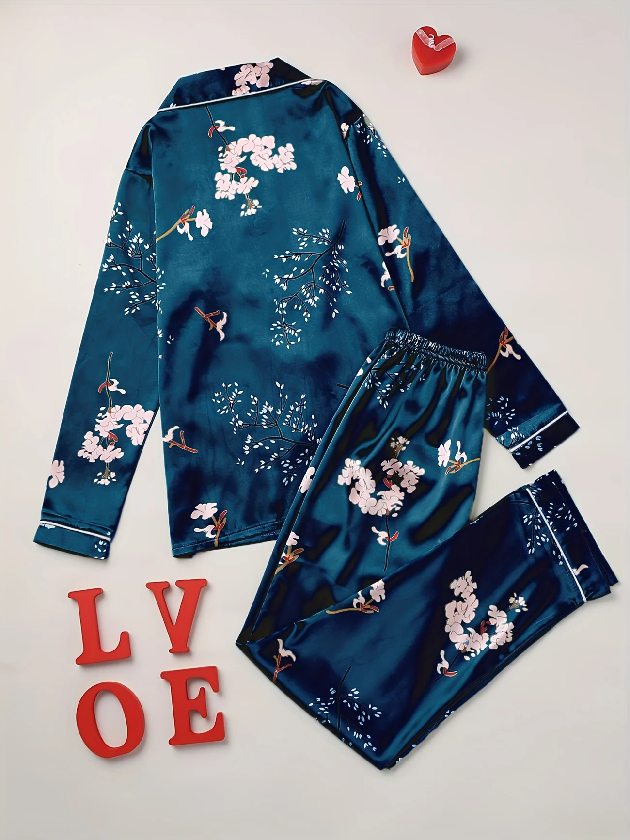 Floral Random Print Pajamas Set Long Sleeve Blouse Top & Elastic Waistband Pants Women\'s Loungewear & Sleepwear