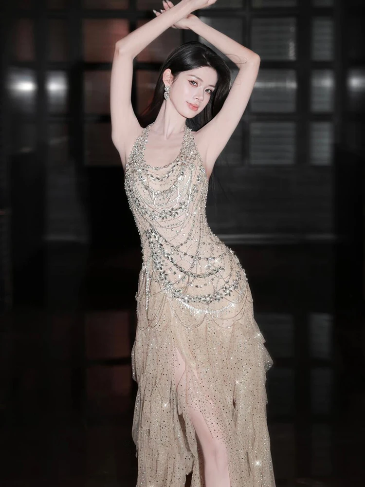 ชุดเดรสปาร์ตี้ L&P DQL สไตล์เซ็กซี่ สีแชมเปญ ผ้าทูลล์ประดับเลื่อมและลูกปัด ชุดราตรีงานเลี้ยง