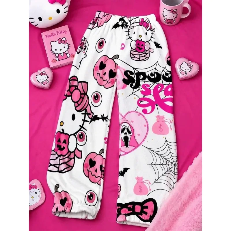 Spooky Hello Kitty Halloween Flannel Pajama Pants Wide Leg Elastic Waist Soft Fleece Womens Sleepwear Home Trousers Kawaii Gift