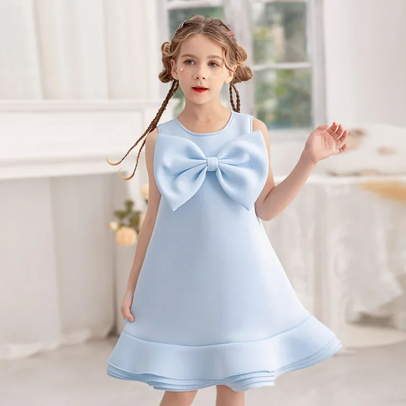 Himmelblaue Prinzessin Kostüm neue Sommerferien Mädchen Big Bow Kleider einteilige Kinder Geburtstag Kinder Party Hochzeits kleidung