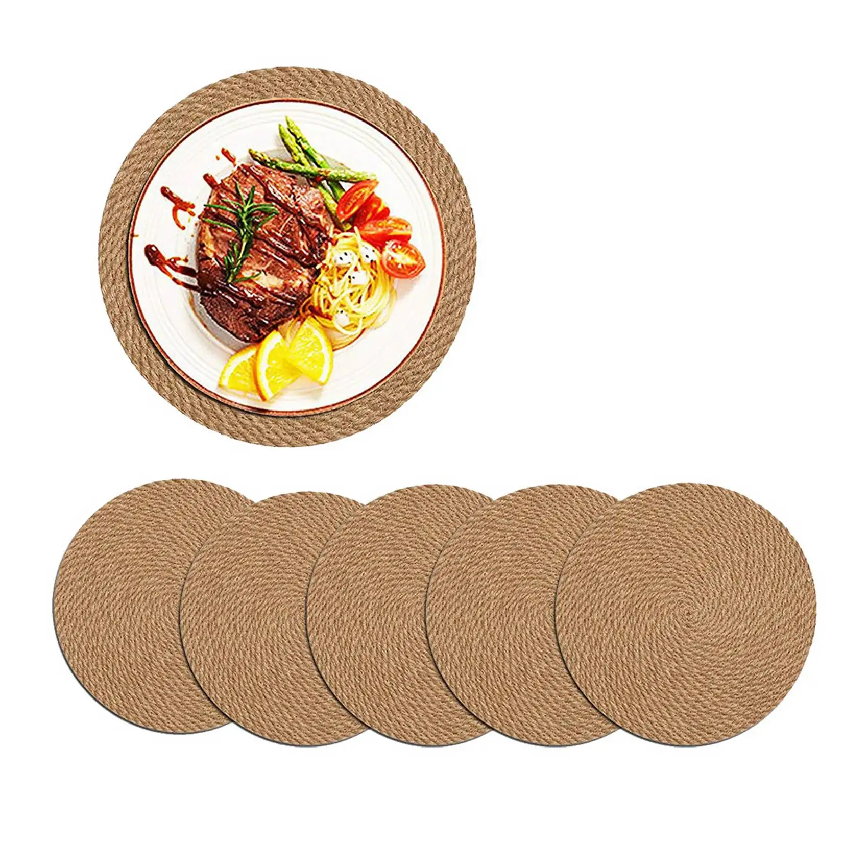 

AFOURT-Round Braided Placemats Set Of 12 Jute Handmade 7 Inch Heat Resistant Thick Hot Pads Mats Coaster
