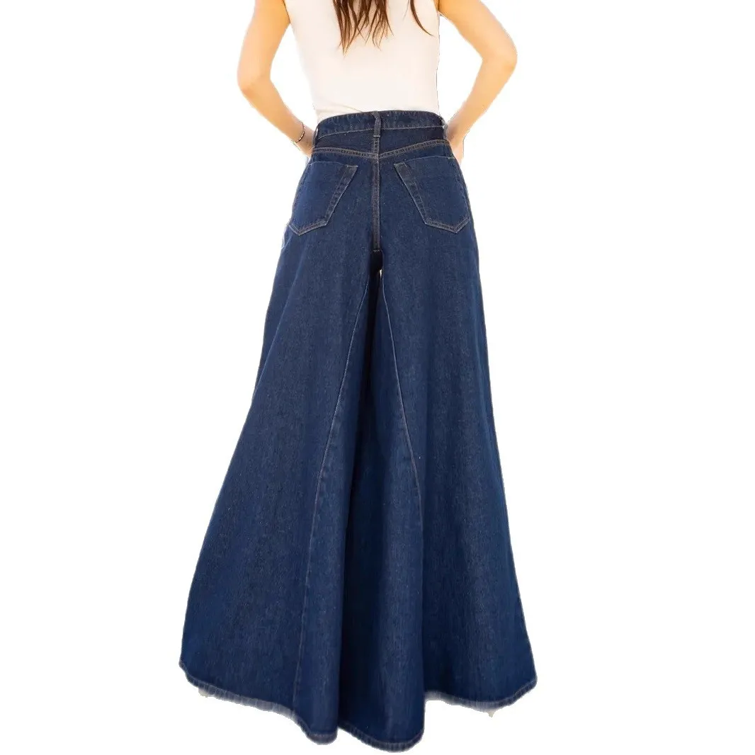 Women's High Waist Baggy Wide Leg Long Stretch Cotton Washed Solid Color Stone Washed Jeans for Women Casual Bottoms with Front