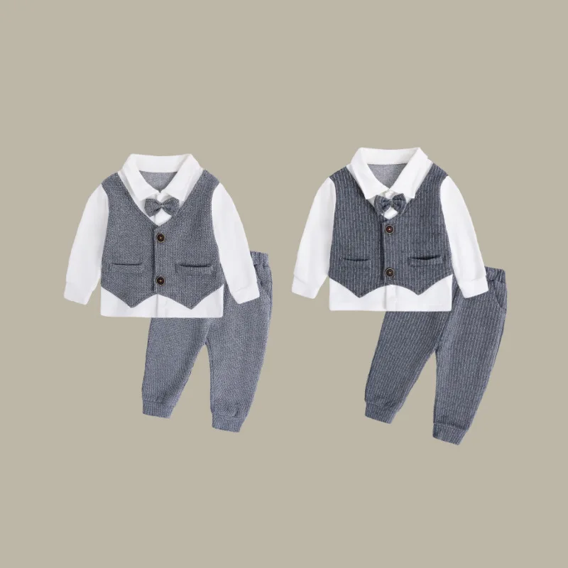 Boys' one-year-old gentleman's dress spring and autumn baby long-sleeved shirt fake two-piece vest flower boy handsome suit suit
