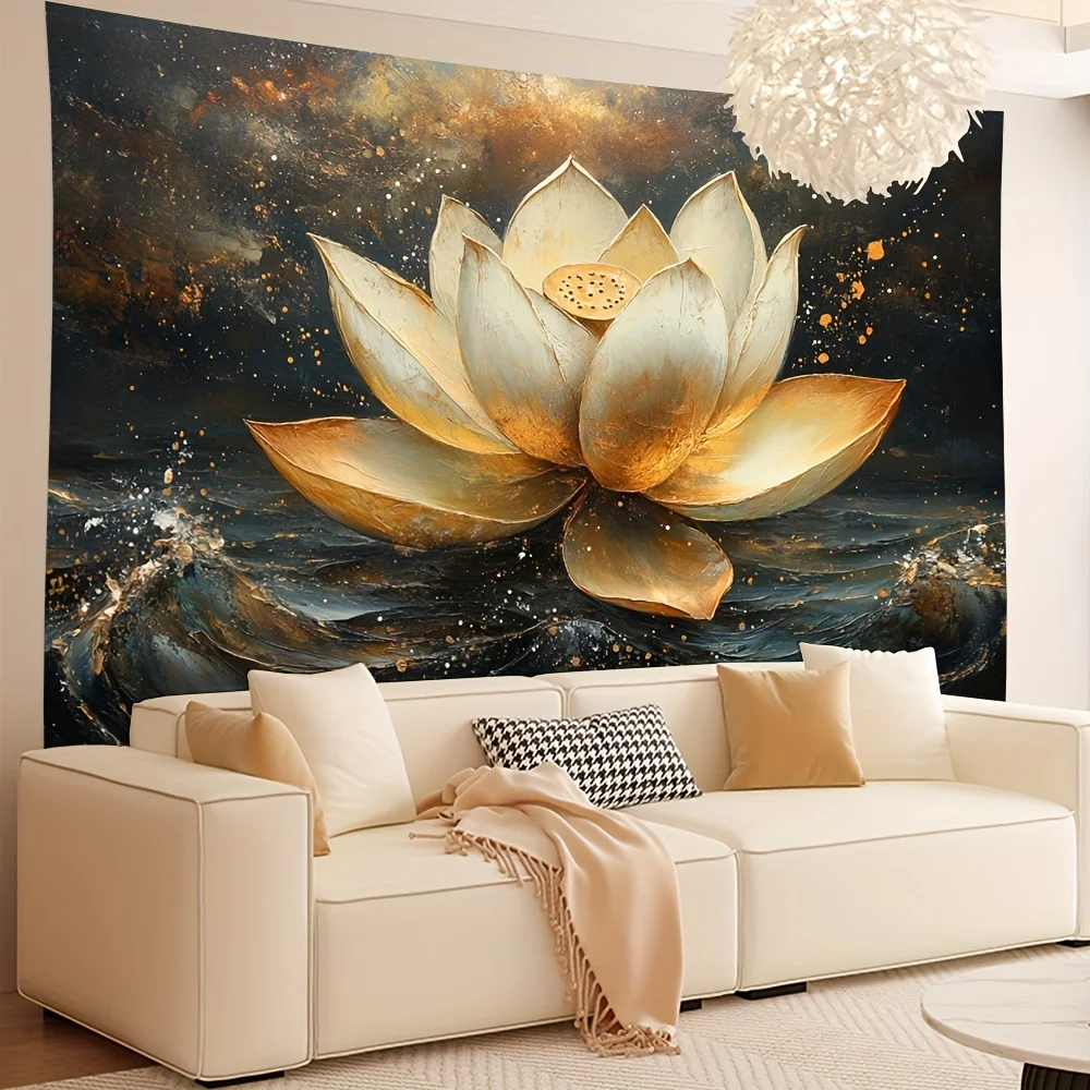 Golden Lotus Tapestry, Elegant Lotus Flower on Dark Water with Gold Splashes, Abstract Art Wall Hanging for Home Decor
