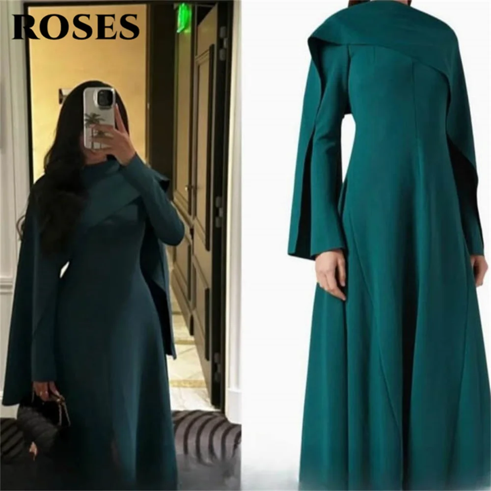 

ROSES Elegant Green A-Line Party Dresses O-Neck Long-Sleeve Midi Evening Dresses with Cape فساتين السهرة Customized