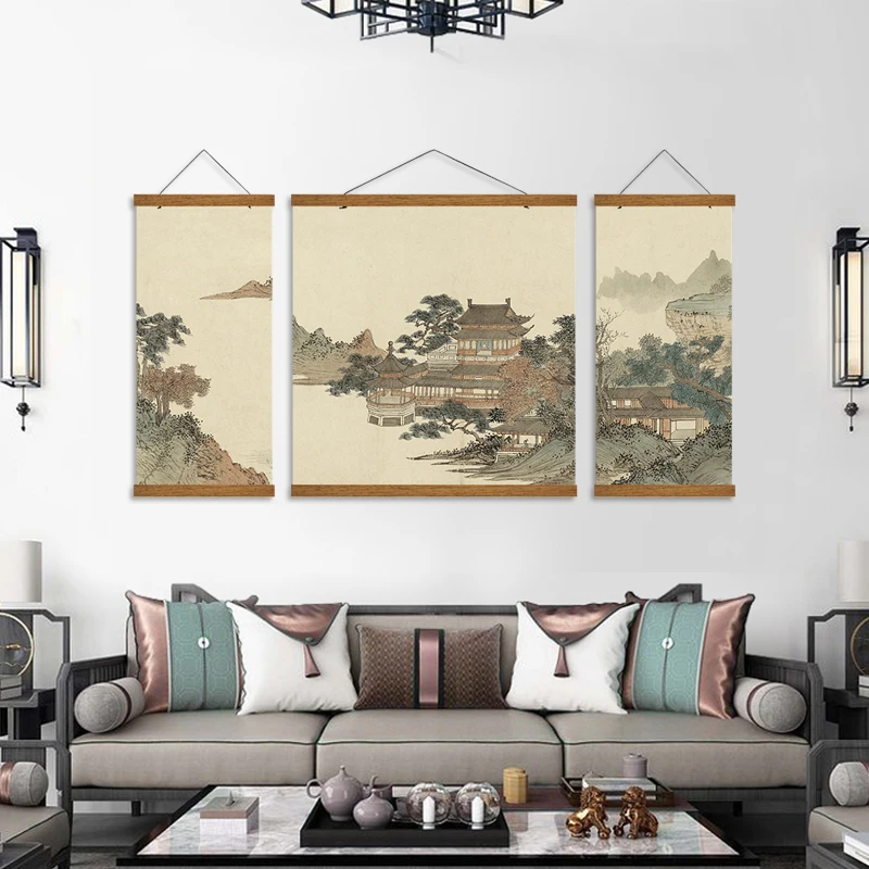 

Chinese Style Ink Painting Alpine Canvas Decorative Painting Bedroom Living Room Wall Art Posters Solid Wood Scroll Paintings