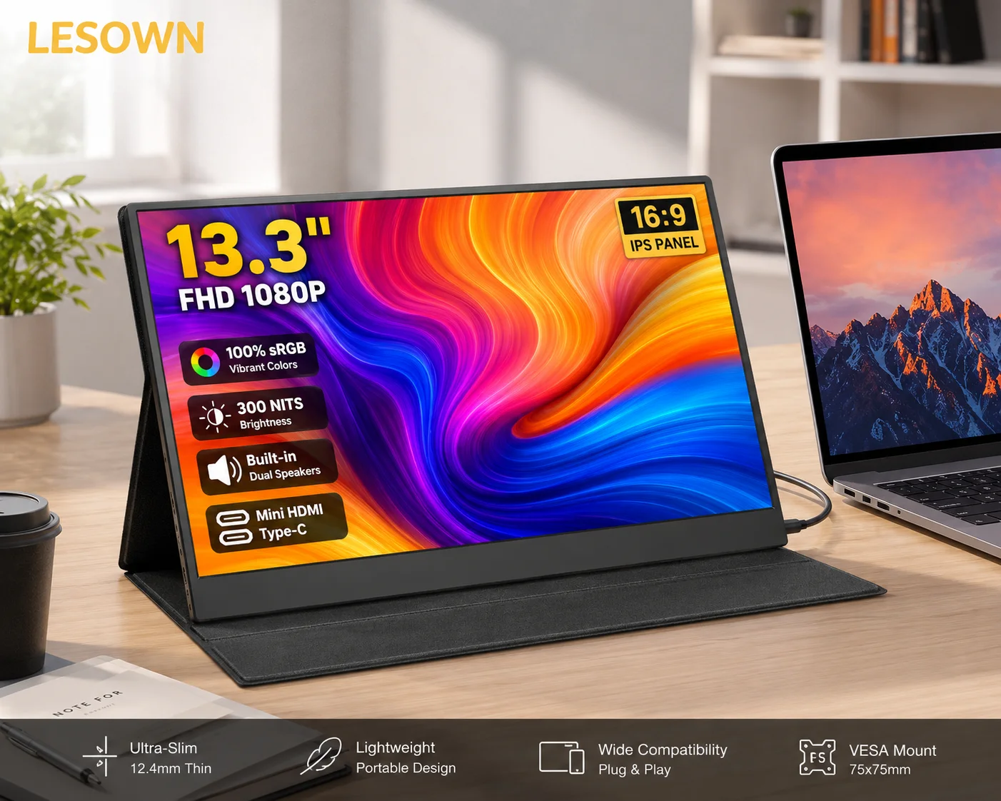 LESOWN 13.3" Portable Gaming Monitor 2K LCD External Second Screen Plug and Play Slim Mobile Display for Mini PC