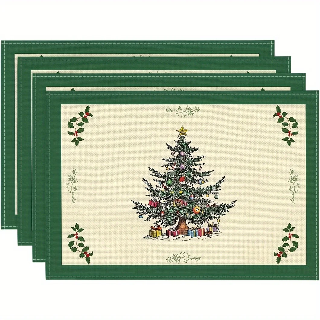 Merry Christmas Pine Tree Snowflake Print Rectangular Placemats Watercolor  Holiday Dining Table Decor Table Mats 4/6/8PCS - view 4