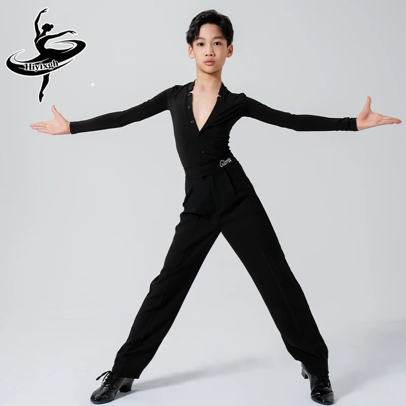 

Черные костюмы для латиноамериканских танцев, топы с V-образным вырезом для мальчиков, прямые брюки, детский костюм для тренировок по самбе, одежда для танцев.