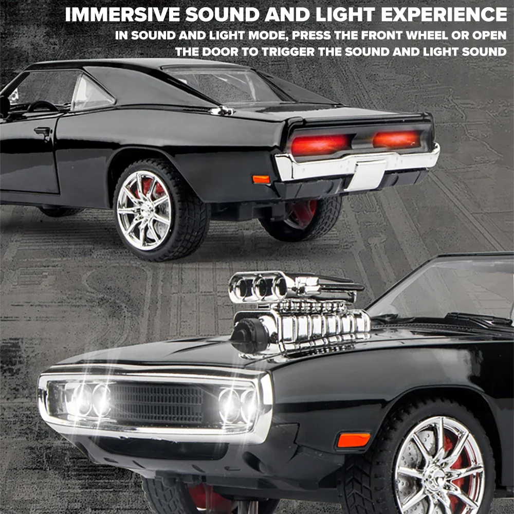 1:24 1970 Dodge Charger R/T Muscle car Diecast Metal Alloy Model car Sound Light Pull Back Collection Kids Toy Gifts