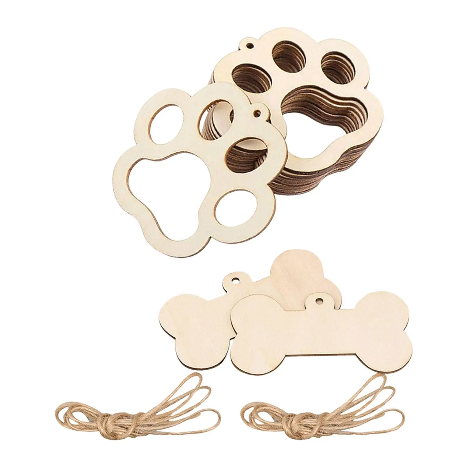 22x Paw Shaped Wooden Cutouts Hanging Signs, DIY Crafts Wood Pieces, Dog Bone Shaped Wood Slices for Themed Parties Pet House