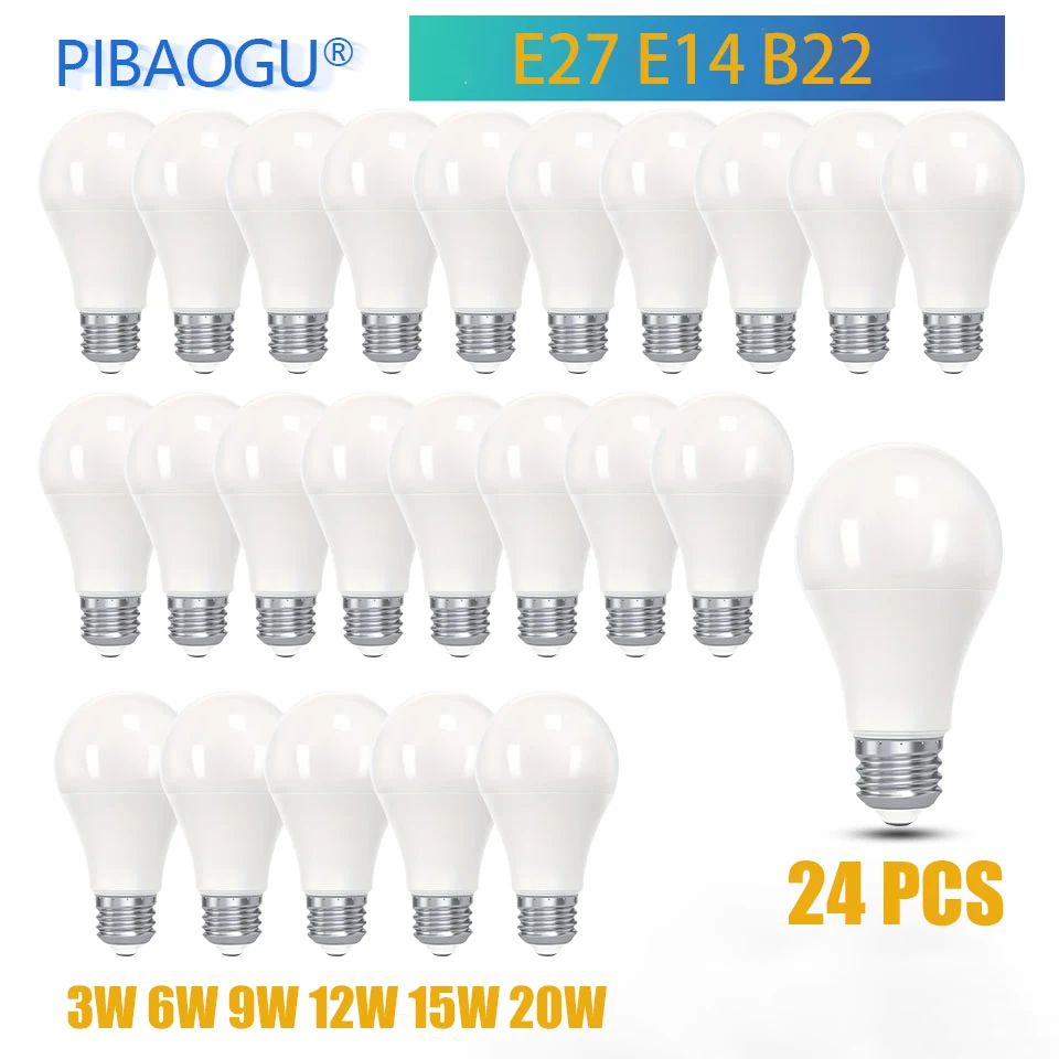 24PCS B22 E27 E14 LED Light Bulb 220V 3W 6W 9W 12W 15W 20W Multi Watt Selection for Ultra Bright and Energy Saving LED Bulb