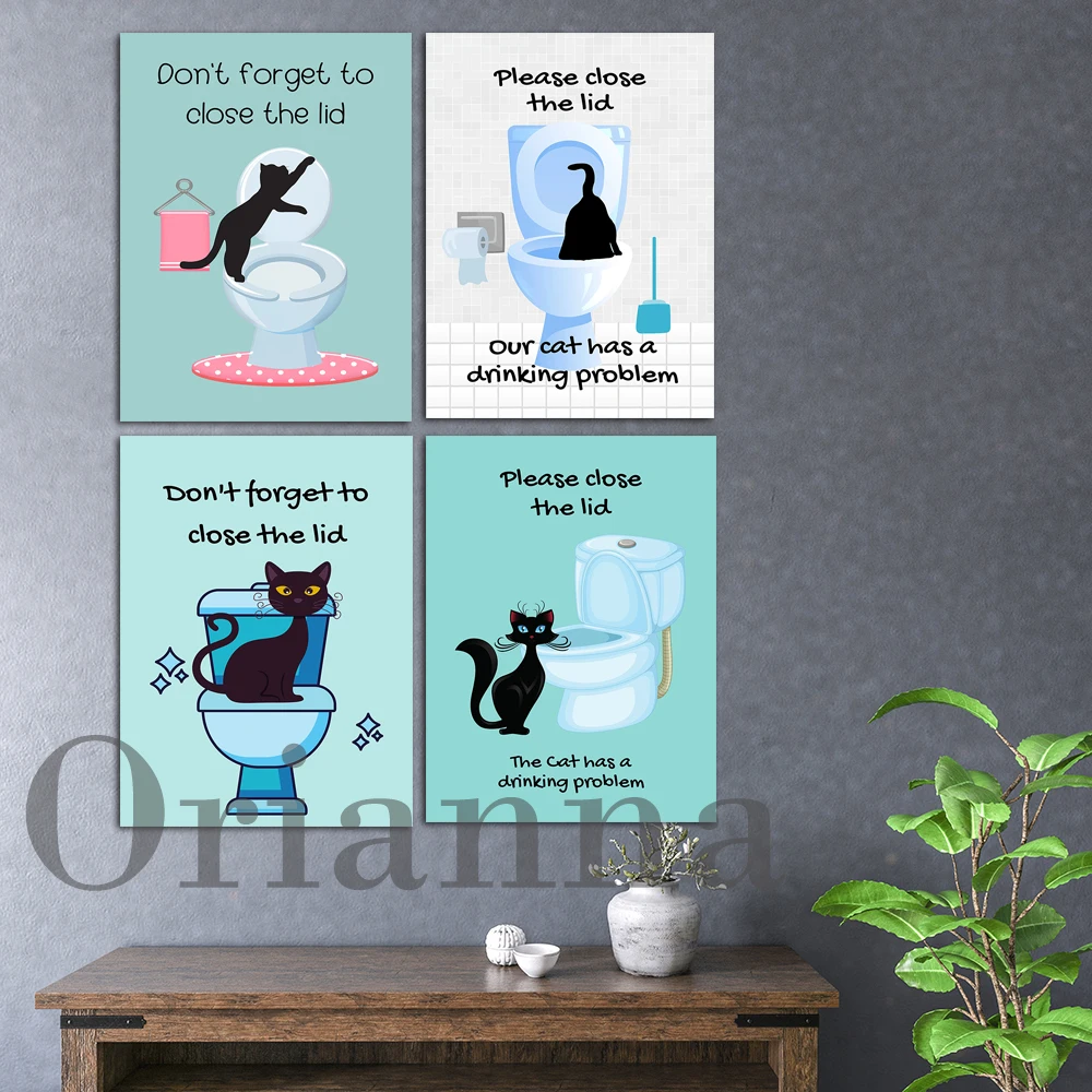 Black Cat Wc Toilet Close The Lid Rest Room Ladies Funny Humor Pet Cat Wall Art Print Poster Bathroom Toilet Decor Painting Gift