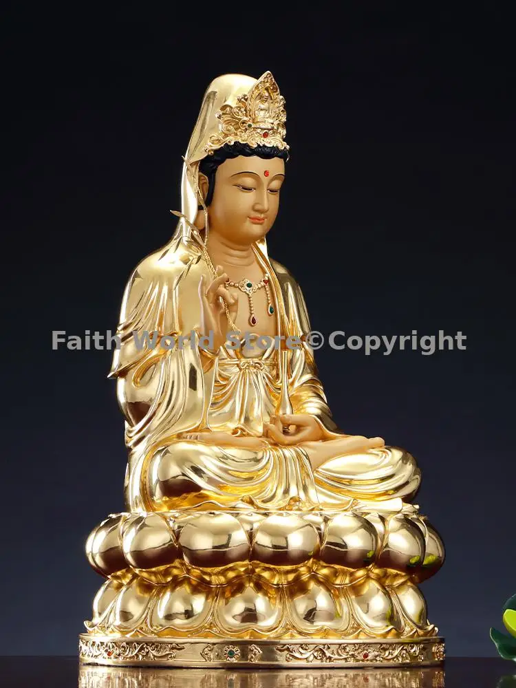 High end 24K gold plating COPPER guanyin bodhisattva Avalokitesvara copper buddha statue family worship Bless safety health luck