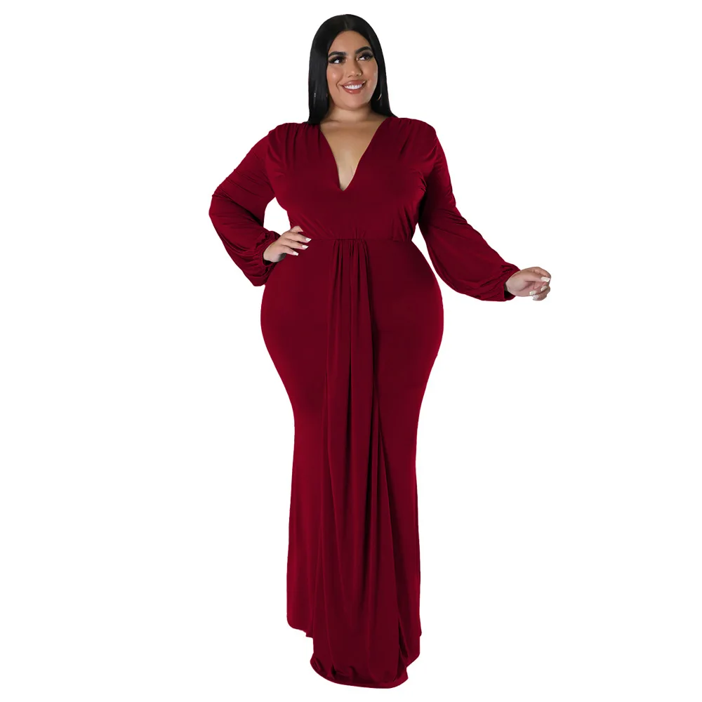 L-4XL sólido manga comprida com decote em v irregular elegante vestidos tamanhos grandes para as mulheres 2022 sexy roupas de baile queda roupas dropshipping