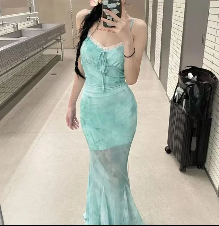 French Dress Fresh Mint Green Tie Dye Printed Mesh Suspender Long Dress Pure Desire Sexy Lace Patchwork Urban Fish Tail Dresses