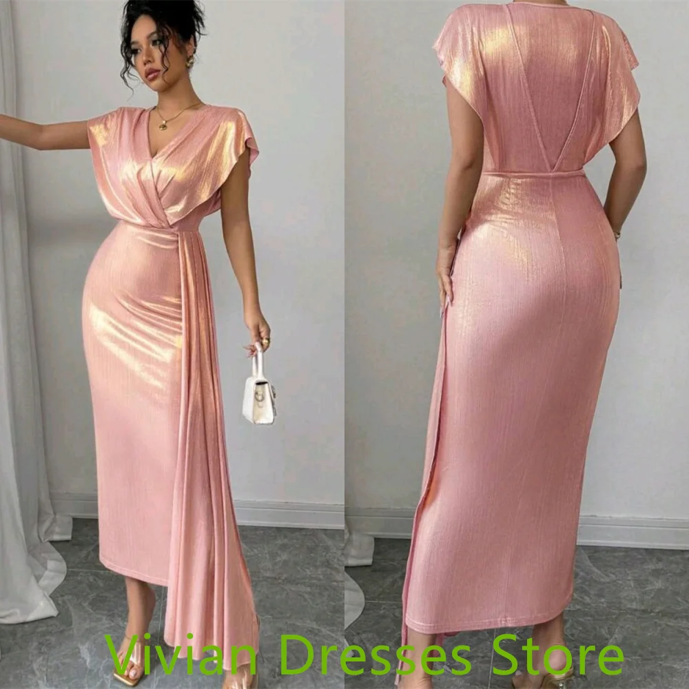 Customized  Sparkly pink Satin Cocktail Dress Exquisite V-Neck Cap Sleeve Half Sleeves Panel Train Mermaid Zipper Back Party Dre