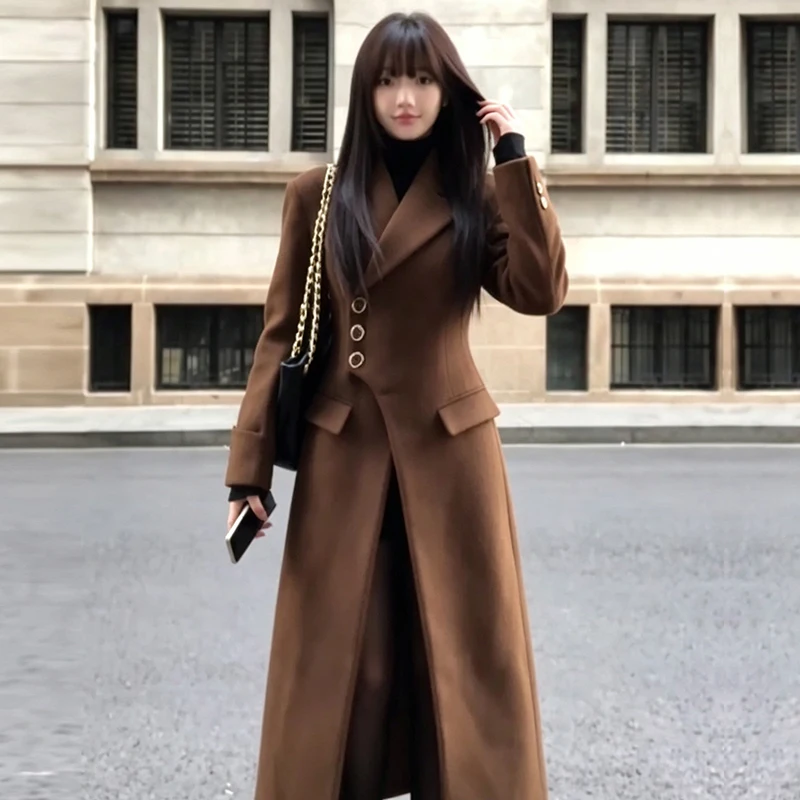 Women Wool‑Blend Maxi Coat Lapel Collar Asymmetric Decor Buttons Slim Waist Pockets Outerwear Elegant Office Formal Overcoat
