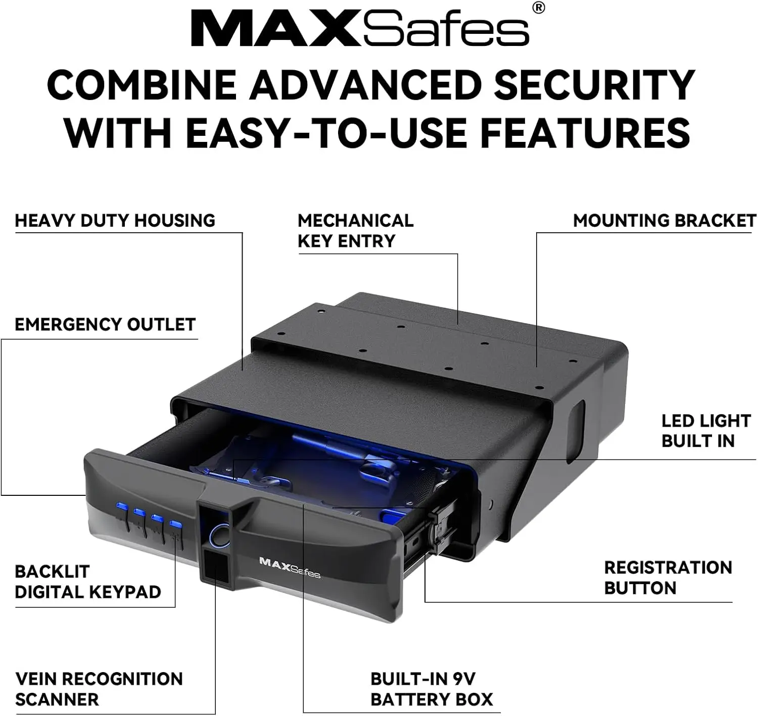 Drawer Safe with Super Biometric Finger Vein Recognition Lock for Two Pistols Storage Safe Quick Access with Biometric Fingerpri