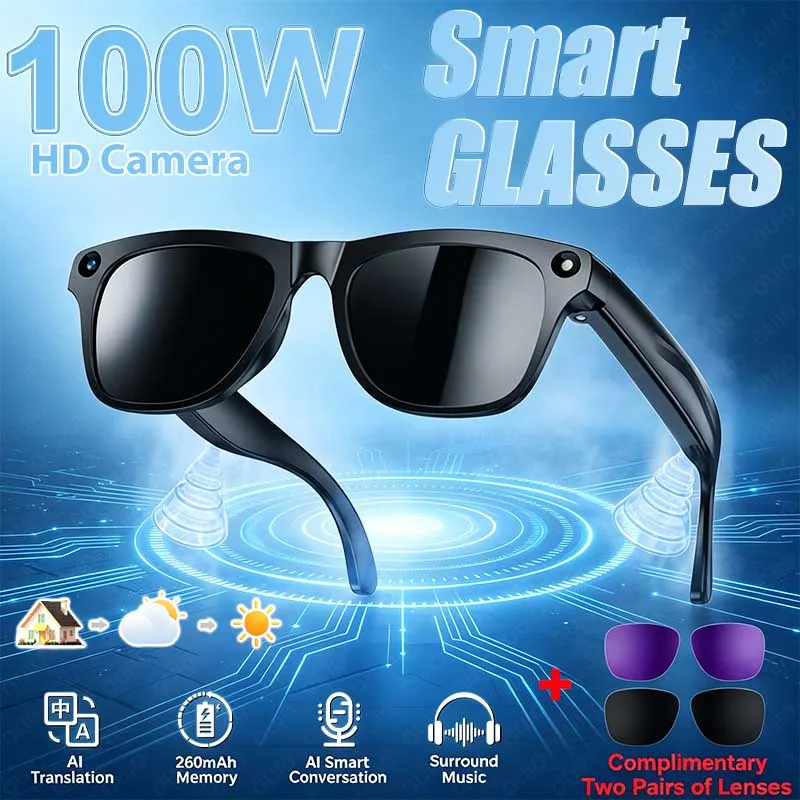 

NEW Al Smart Translation Glasses High-Fidelity Recording Al Image Recognition 100WCamera Music 260mAh Touch Control Smartglasses