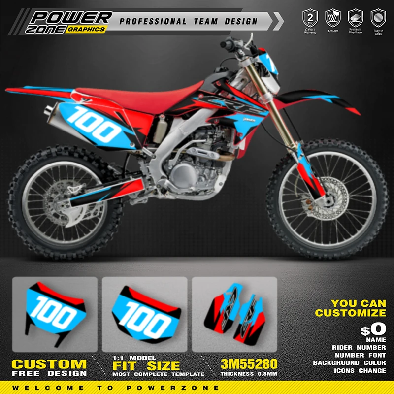 

PowerZone Full Graphics Background Decals Stickers Kit For HONDA CRF250X CRF 250X 2019 2018-2004 Customized Number Motocycle