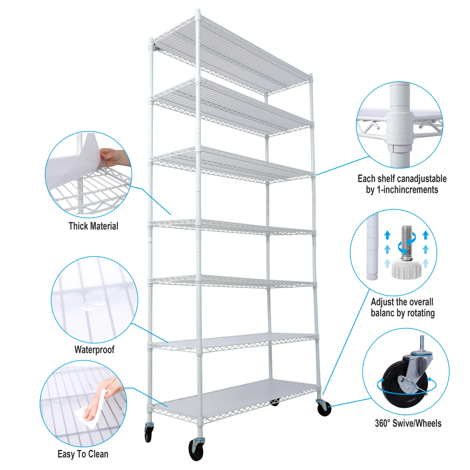 7 Tier Metal Shelf Wire Shelving Unit, Heavy Duty Adjustable Storage Rack with Wheels & Shelf Liners - White 81.5