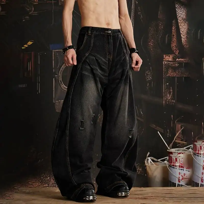 LUZHEN Pattern Pockets 2026 Patched New Embroidery Broken Hole Straight Jeans Men's Fashion Original Wide Leg Denim Pants JY8647