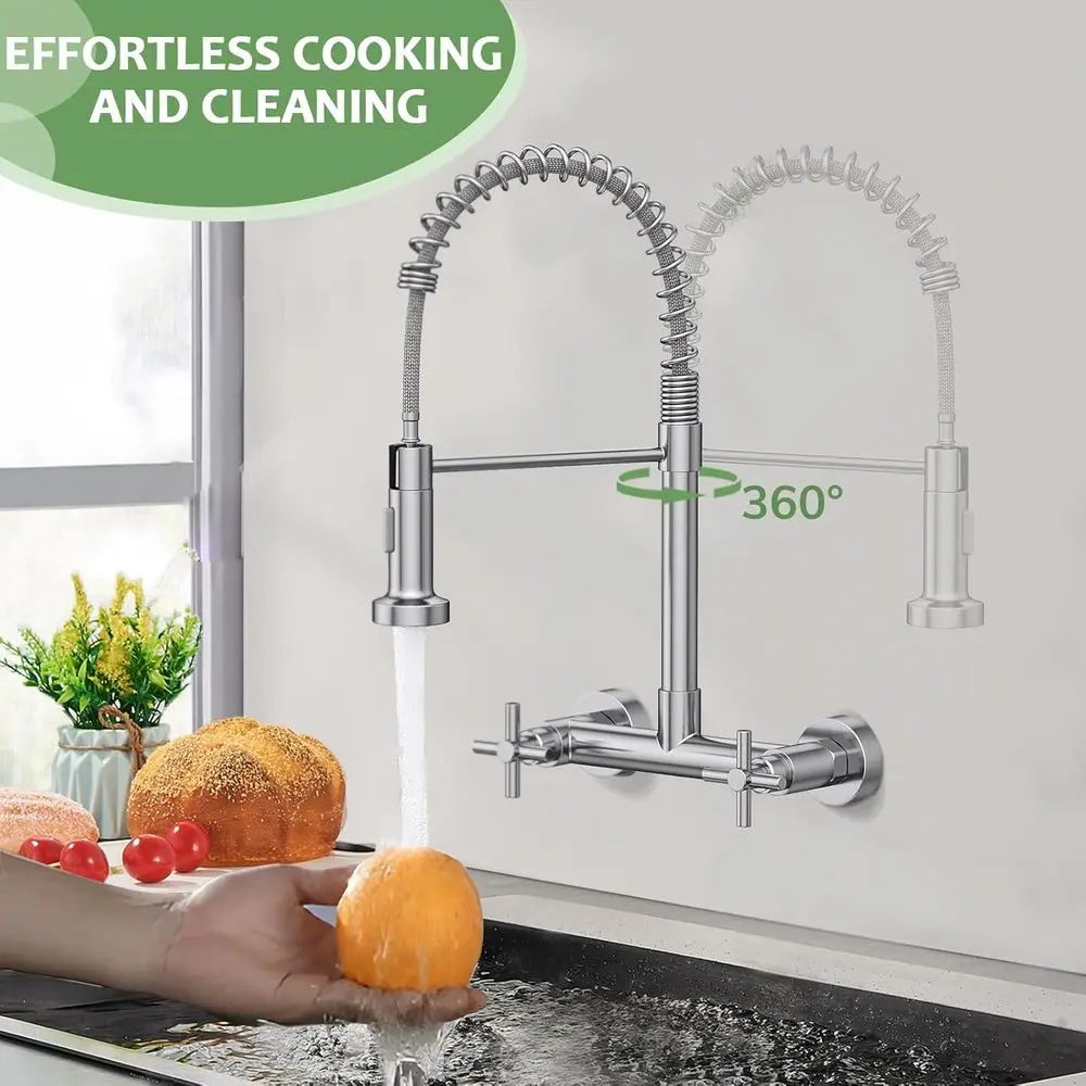 8 Torneira de montagem em parede com pulverizador pull-down de 2 alças em níquel escovado para cozinha e lavanderia