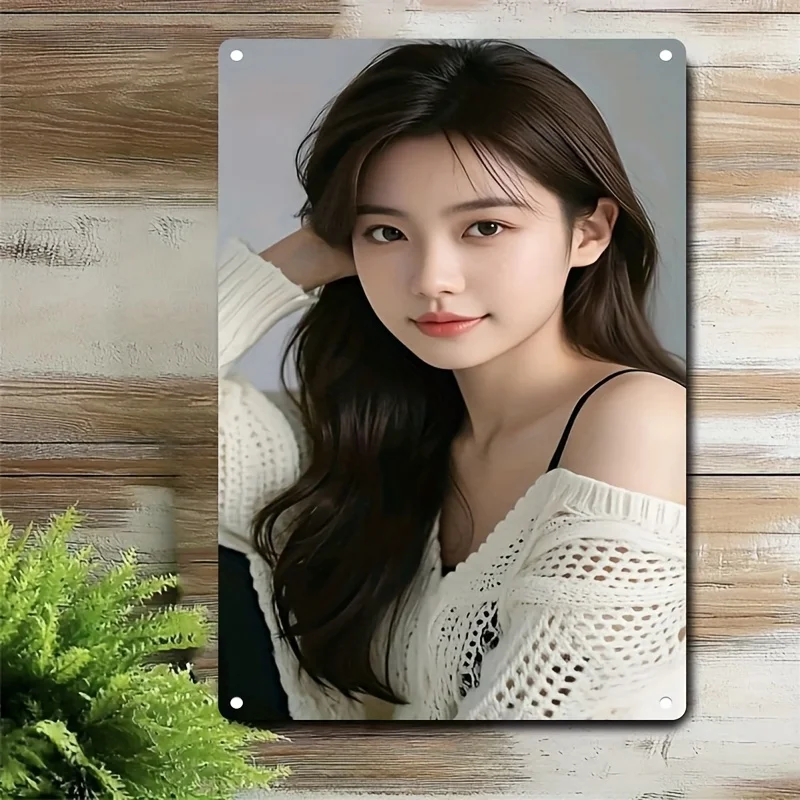 Vintage East Asian Beauty with Long Wavy Brown Hair in White Off-Shoulder Crochet Knit Sweater & Black Camisole Metal Tin Sign -