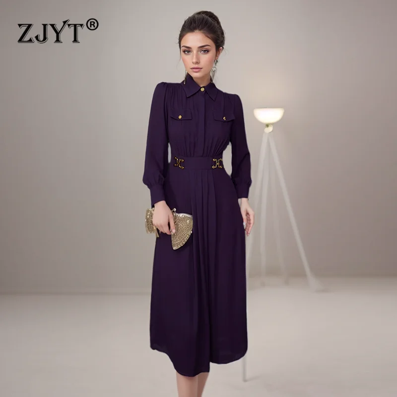 ZJYT 2024 Fashion Runway Spring Dresses for Women Long Sleeve Vestidos Elegant Turn Down Collar Casual Daily Midi Dress Purple