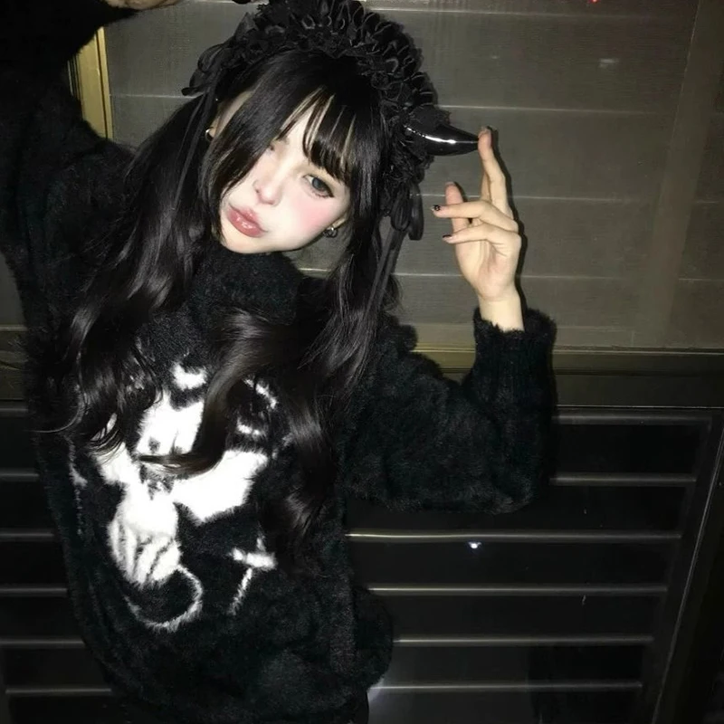 เสื้อสเวตเตอร์ไหมพรมสไตล์อนิเมะอเมริกันสำหรับผู้หญิง ขนเฟอร์เทียม แขนยาว สีดำ สไตล์โกธิค นุ่มฟู อุ่นสบาย สไตล์ฮาราจูกุ Y2K