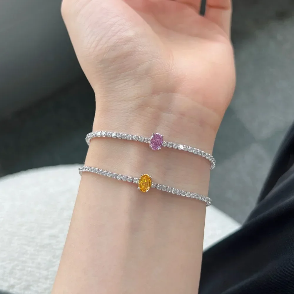 S925 Sterling Silver Tennis Light Luxury 8A Ice Cut Colorful Oval Zircon Silver Bracelet Wedding Jewelry Wholesale