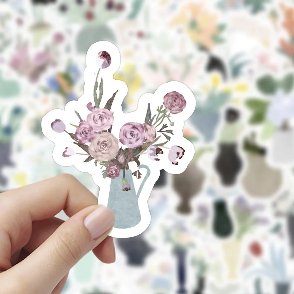 60Pcs Beautiful Spring Flower Vase Stickers Ornament Phone Notebook Stationery Graffiti DIY Funny Cartoon Decorative Stickers