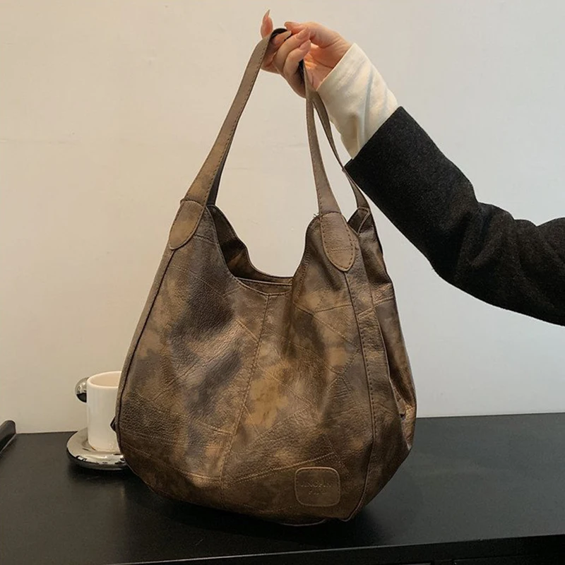 Vintage Women's Bag PU Leather Large Capacity Marble Grain Shoulder Bag Daily Commuter Handbag Shopping Totes