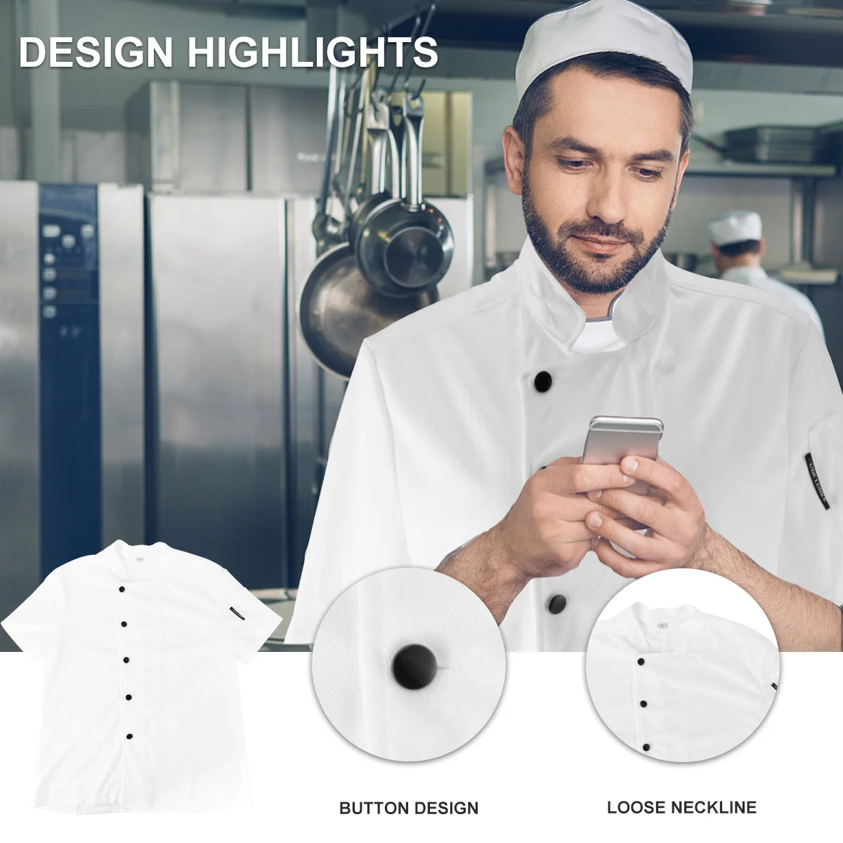 Chaqueta de Chef transpirable de primera calidad, uniforme de cocinero de Color sólido de manga corta, ropa de trabajo de cocina ligera a prueba de desgaste para panadería, 1 Uds.