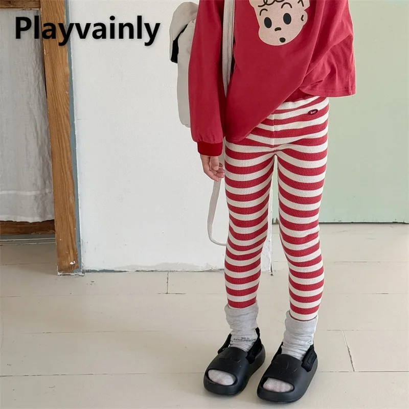 

Новинка 2023 года, леггинсы для девочек, весна-осень, корейский стиль, красные, серые, в полоску, мягкие узкие брюки, модная универсальная детская одежда A6089