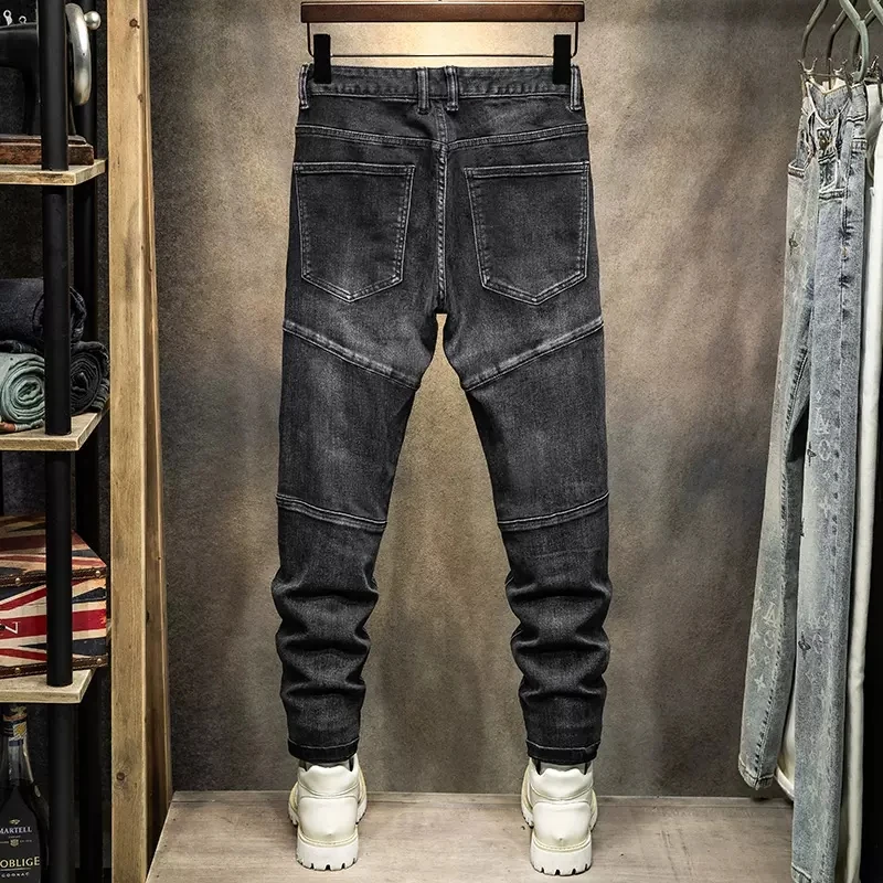 High Street Fashion Men Jeans Retro Black Gray Elastic Stretch Skinny Fit Ripped Jeans Men Patched Designer Hip Hop Biker Pants